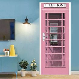 Removable Pink Telephone Booth 3D Door Sticker Wallpaper Vinyl Decal Kawaill Ice Cream Girl Door Decor Sticker Peel And Stick 240411