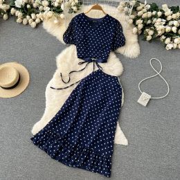 Women Red/Purple/Black Polka Dot Two Piece Set Summer Sexy Short Drawstring Tops + High Waist Long Skirt 2pcs Suit Outfits