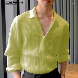 Men's Casual Shirts 2024 Men Shirt Lapel Long Sleeve Solid Color Loose Korean Style Clothing Streetwear See Through S-5XL INCERUN