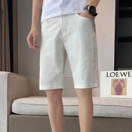 Summer Casual Mens White Denim Shorts Solid Color Straight Slim Hole Stretch Soft Beach Knee Length Short Jeans Male 240410