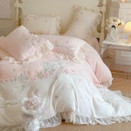 Bedding Sets French Romantic Set Luxury Flower Embroidery Princess Pink Ruffle Milk Velvet Quilt Duvet Cover Bed Sheet Bedclothes
