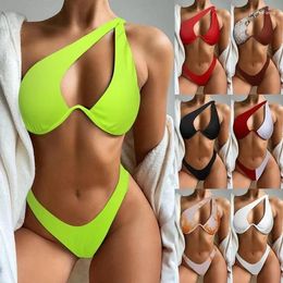 Women's Swimwear Bikini Set For Women Solid V Neck Knot Front Push Up High Leg Thong Two Piece Swimsuit 2024 Bayan