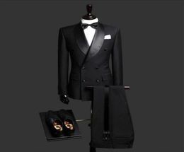 Black Men Suit Shawl Collar Double breasted Wedding Groom Tuxedos Slim Fit Formal Business Suit Groomsmen Men Costumes Custom5047797