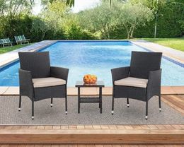 Camp Furniture Outdoor Wicker Bistro Rattan Chair Conversation Sets With Coffee Table For Yard Backyard Lawn Porch Poolside Balcony Black