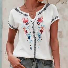 Women's Blouses Elegant Printed Women Top Ethnic Style Short-sleeve T-shirt Retro Print V-neck Loose For Streetwear