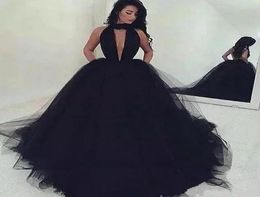 Arabic Sexy Backless Puffy Black Tulle Prom Dresses Long 2018 Ruched V Neck African Formal Party Dress Black Girls Quinceanera Bal5620974