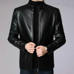 Men's Jackets Solid Color Men Jacket Stylish Faux Leather Motorcycle With Stand Collar Zipper Neck Protection For Autumn