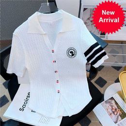 2024 Summer New TB Chest Micro Badge Dog Jacquard Polo Collar Ice Silk Short Sleeve Sticked T-shirt Top Slim Fit