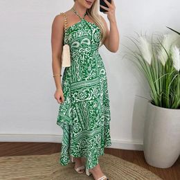 Casual Dresses Sexy Halter Hollow Sleeveless Holiday Dress 2024 Summer Floral Print Ruffle Long Fashion Backless Slim Party