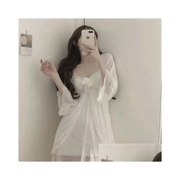 Women'S Sleepwear Womens Women Robe Gown Sets Chic Lace Mesh Elegant Sweet Simple Solid White Girls Y Breathable Slim Empire Nightdre Dhtqy