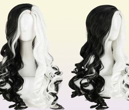 CRUELLA Deville De Vil Cosplay Wigs 75cm Long Curly Half White Black Heat Resistant Synthetic Hair Cap Y09136865554
