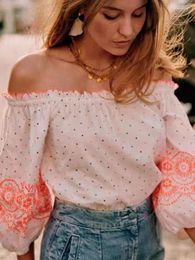 Women's Blouses Clearance Price Women Off Shoulder Shirt Embroidery Floral Dot Puff Sleeve Top Female Sexy Slash Neck Blouse