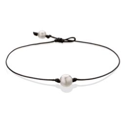 Pearl Single Cultured Freshwater Pearls Necklace Choker for Women Genuine Leather Jewellery Handmade Black 14 inches2672898