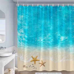 Ocean Beach Shower Curtains Palm Trees Starfish Sea Waves Nature Landscape Modern Garden Wall Hanging Bathroom Decor with Hooks