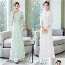 Ethnic Clothing 2022 Vietnamese Aodai Dress For Women Traditional Chinese Style Vintage Elegant Slim Qi Pao Topaddpants Sets Asian Dro Otst5