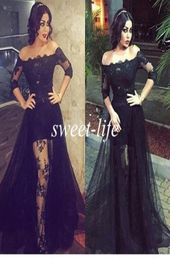 Black Lace Prom Dresses Off the Shoulder High Low See Through with Sleeves Tulle 2019 Sexy Evening Gowns Party Celebrity Dresses4765269