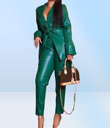Women039s Two Piece Pants Vintage Fashion PU Leather Tracksuit Large Size Lace Up 2 Outfits Dark Green Faux Jacket Suit Sweatsu4467312