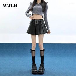 Skirts Women Leather Vintage Harajuku Streetwear Korean High Waist Y2k Gothic Punk Silver A-line Sexy Cute Mini Skirt Female