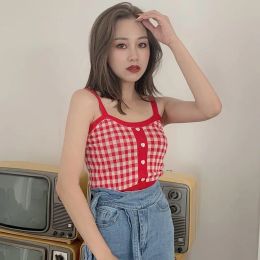 Women Sexy Bottoming Crop Top Retro Sweet Plaid Pattern Knit Popular Camisole Tops
