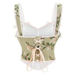 Green Floral Print & Bows Sexy Overbust Spaghetti Strap Corset Top Women Elegant Vintage Bustiers & Espartilhos Gothic Clothing