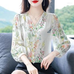 Women's Blouses 2024 Spring Summer Women Blouse Fashion Beaded Silk Chiffon Shirt V-Neck Loose 3/4 Sleeve Floral Printed Tops