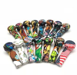 Random Colour Silicone Smoking Pipes Tobacco Rubber Smok Accessories Cigarette Holder Portable Cartoon Printed Pipe Tube with lid Y7587110