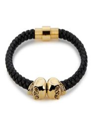 Sell Mens Black Genuine Leather Braided Skull Bracelets Men Women Stainless Steel Gold North Skull Bangle Fashion Jewelry4748836