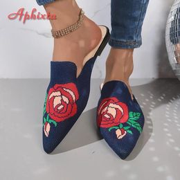 Slippers Aphixta Stretch Fabric Women Embrodier Flower Design Outside Shoes Pointed Toe Mules Summer Ladies Size 42