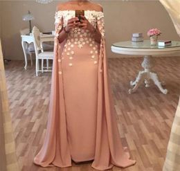 2017 Sexy Nude Shoulder Sheath Evening Dresses Sashes Over The Shoulder With Handmade Flowers Floor Length Sweep Train Prom Gowns1556914