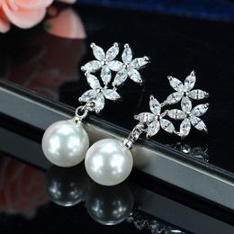 diamond flower designer earring for woman wedding party 3A zirconia white imitation pearl stud earrings luxury long studs Jewellery daily outfit girlfriend gift