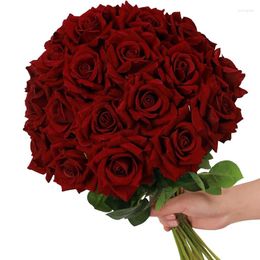 Decorative Flowers Artificial Roses Velvet With Long Stem Fake Bouquet DIY For Home Wedding Decor 20 PCS