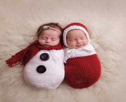 Caps Hats 2019 Newborn Pography Props Wraps Christmas snowman Bebe Crochet Knitted Sleeping Bag With Scarf Hat Pictures Costume8122435