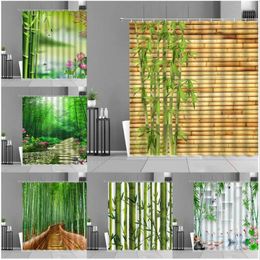 Shower Curtains Green Bamboo Plant Landscape Waterproof Bathroom Decor Curtain Zen Home Screen Background Wall Cloth With Hooks