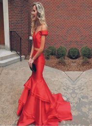 Modest 2020 Red Off Shoulder Two Pieces Mermaid Prom Dresses Long Sexy Ruffle Tiered Formal Dresses Party Evening Custom Made EN117473755