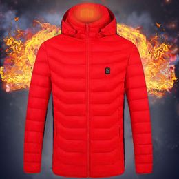 Men Heated Jacket Hooded Zip 3 Temperature Adjustable Quick Heating USB Rechargeable Body Warmer Solid Colour Thickened Washable