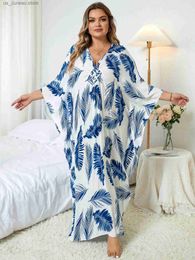 Basic Casual Dresses Plus Size 2024 Summer Sexy V Neck Long Slve Casual Printed Side Split Kaftan Dress For Women Clothing Beach Maxi Dresses Q1297 1 T240415