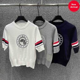 Tb Classic Four Bar Dog Embroidery Round Neck Ice Silk Knitted Short Sleeve T-shirt 2024 Spring/summer New Top