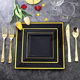 Disposable Dinnerware 100/50pcs Black Square Plastic Plates With Gold Rim-Disposable Cake Plates- Hard Appetizer/Dessert For Wedding/Party