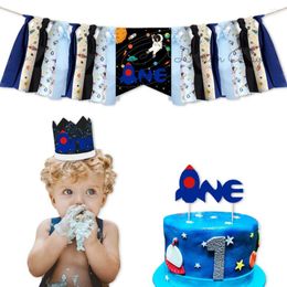 Party Decoration Outer Space High Chair Banner Decorations Kit Highchair Crown Hat One Cake Topper Baby Shower 1st Birthday