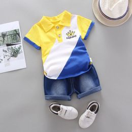 Summer Children Baby Boys Short Sleeve Crown Patchwork Pattern T-shirt Blouse+Denim Shorts Casual Outfits Set For 1-4T