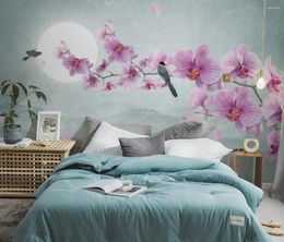 Wallpapers Papel De Parede Custom Wallpaper Mural Chinese Minimalist Hand-painted Flowers And Birds Phalaenopsis Background Wall