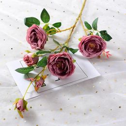 Decorative Flowers Maintenance-free Floral Decor 6 Head Artificial Rose Branch With Stem Green Leaves For Home Wedding Party Faux Indoor