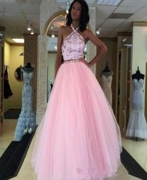 Halter Two Piece Prom Dresses 2019 New Style blush pink Crystal Beaded tulle skirt black girl Formal Party Dresses floor length3814893