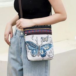 Women Small Canvas Embroidered Phone Shoulder Bag Retro Ethnic Style Travel Outdoor Messenger Crossbody Bag