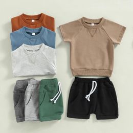 Clothing Sets Summer Toddler Boys Outfit Simple Casual Short Sleeve O Neck Tops Solid Color Drawstring Shorts Two Piece Clothes Suit