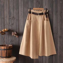 Skirts High-Waist Two Pockets Elastic Waistband Belt Women Skirt Office Lady Irregular A-Line Midi Dress Female Clothing