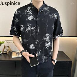 Men's Casual Shirts Summer Stand-up Collar Bamboo Leaf Splash Ink Short-sleeved Loose High Street Simple Shirt Tops Male Clothes