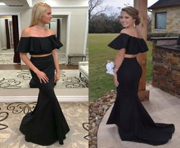 Two Piece Satin Mermaid Prom Dresses Off The Shoulder Floor Length Custom Made White Prom Dresses Simple Long Black Evening Dress6449846