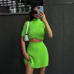 Work Dresses Fashion Sweater Skirt Set Short Sleeve O Neck Tops Slim Pleated Two Piece Women Utfit Knitted Mini Sets XY23318