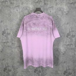 High quality designer clothing Paris distressed hole torn print pink dirty round neck short sleeved T-shirt